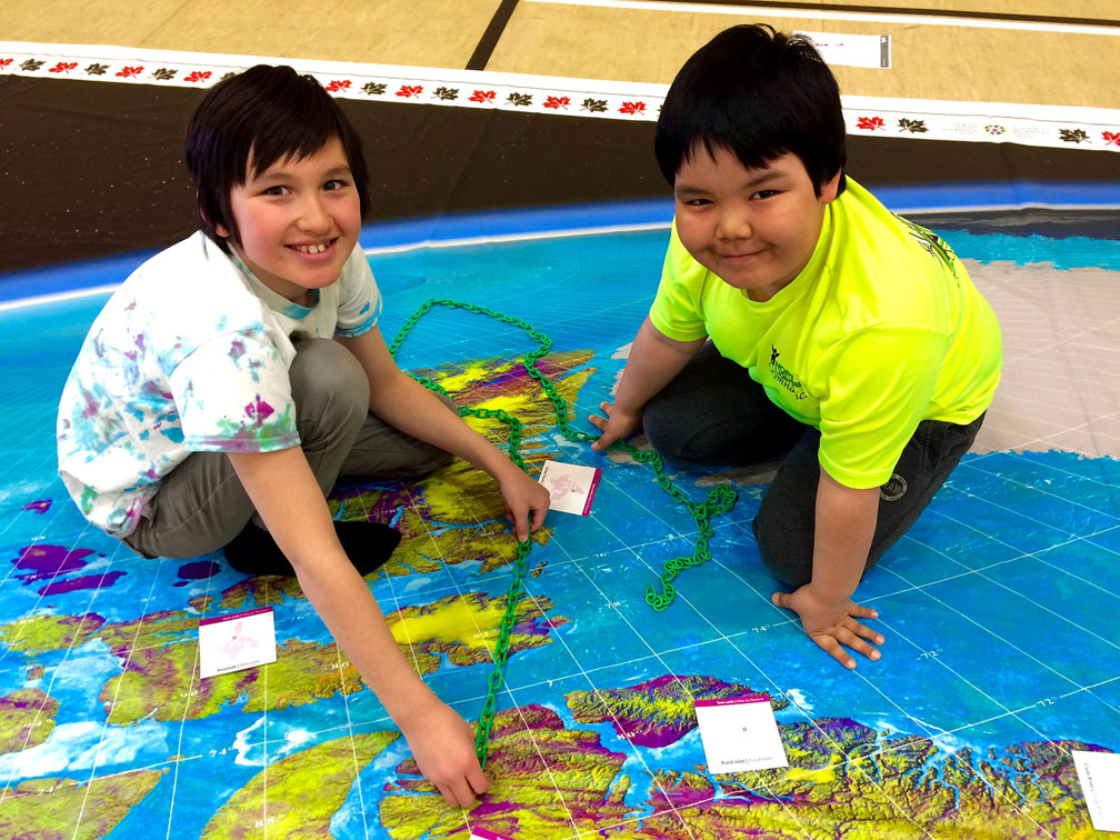 Since April 23, Julie Gardner, a Grade 5 teacher at Simon Alaittuq School in Rankin Inlet, has been using a giant floor map to teach geography, social studies and even math. “It’s really hands-on learning,” Gardner said. (PHOTO COURTESY OF JULIE GARDNER)