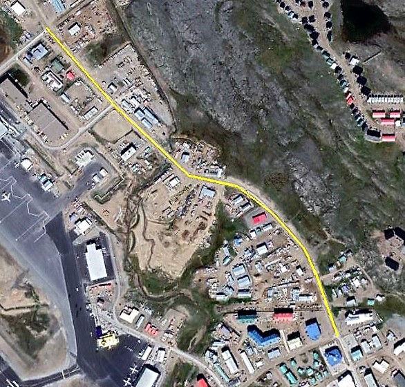 This map of Iqaluit shows the stretch of Federal Road set to be paved this summer, marked in yellow. (IMAGE COURTESY OF CITY OF IQALUIT)