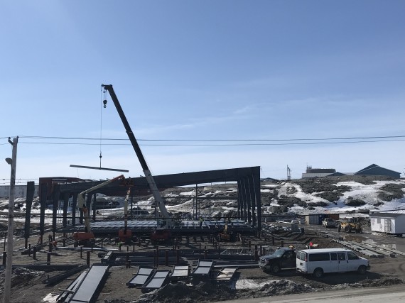 The framework of Rankin Inlet’s new hockey arena is being put into place on June 3. (PHOTO BY KELLI MCLARTY)