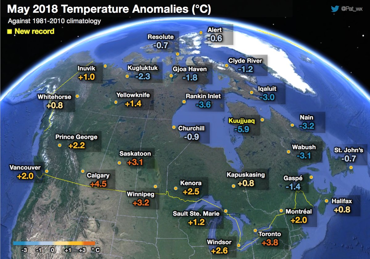 This map by Dalhousie University weather-watcher Patrick Duplessis shows a clear NE/SW split in temperature anomalies across Canada this past month, with temperatures remaining cold in the northeast, with even a new record low month set in Kuujjuaq. (MAP COURTESY OF PATRICK DUPLESSIS)