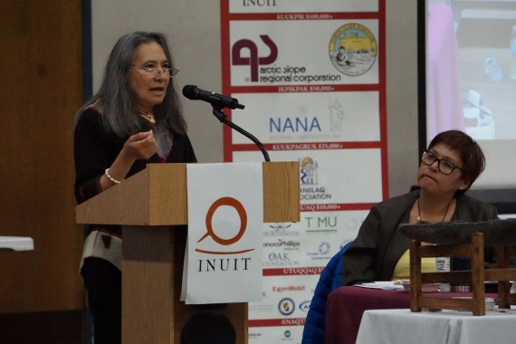 Alaska’s Dalee Sambo Dorough, left, was elected chair of the Inuit Circumpolar Council at the groups quadrennial meeting in Utqiagvik last week. Here she’s pictured with outgoing ICC chair Okalik Eegeesiak of Canada. (PHOTO COURTESY OF YERETH ROSEN/ARCTIC TODAY)