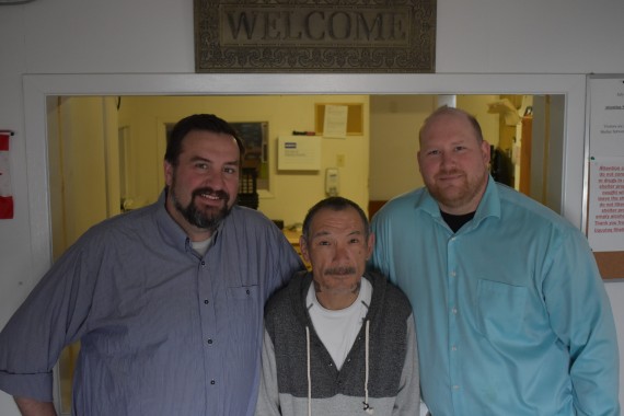 From left: Matthew Clark, the secretary-treasurer of Iqaluit’s Uquutaq men's shelter, stands with maintenance worker Peter Salomonie and Dan Laffin, the shelter’s new acting director. This summer they have been working hard to improve the services the shelter offers men in need. It’s part of a larger project to turn the shelter into a four-step transitional housing project that offers social programming. (PHOTO BY COURTNEY EDGAR)