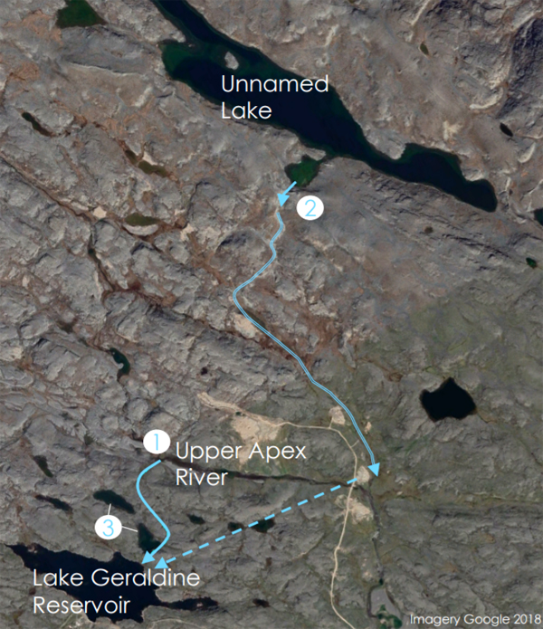 A water licence application prepared by the City of Iqaluit shows the two water bodies from which it plans to supplement Lake Geraldine: the Apex River along the Road to Nowhere, as well as another unnamed lake about 1.6 kilometres northwest. (IMAGE COURTESY OF THE CITY OF IQALUIT)