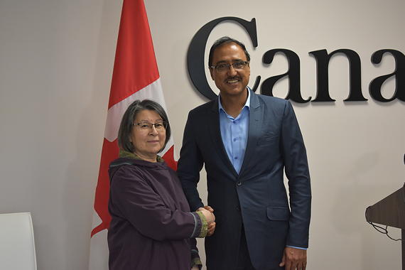 Amarjeet Sohi, Canada’s minister of natural resources, shown here with Annie Quirke, vice-chair of Kakivak, announced a renewal of CanNor funding for Kakivak's entrepreneurship and business development program that supports small- and medium-sized Inuit-owned businesses. Over the last three years, CanNor provided $3.2 million, but this year the agency has offered $2.6 million over three years. (PHOTO BY COURTNEY EDGAR)
