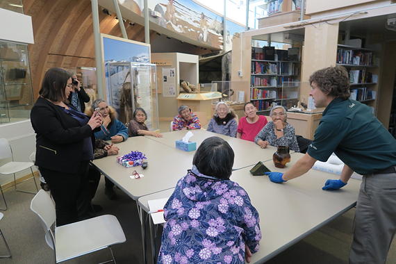 Community members in Cambridge Bay, including the mayor and elders, view nine new artifacts discovered by Parks Canada’s underwater archeology team. (PHOTO COURTESY OF PARKS CANADA)