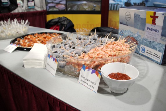 Iqaluit chef Sheila Lumsden prepared this delicious spread to accompany Qikiqtaaluk Corp.'s announcement at the Nunavut Trade Show yesterday that it now fully owns the company that operates a shrimp and turbot trawler that plies Nunavut's waters. (PHOTO BY BETH BROWN) 

