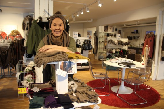 Helene Mørch Berthelsen is a member of staff at a Nuuk luxury boutique called Qiviut, which specializes in knitwear made from muskox fur—a valuable material the store is named for—along with sealskin fashions. The shop is one of two Qiviut storefronts, the other being in Sisimiut where the brand’s founder Anita Høegh lives. The warm and lovely pieces are handmade by women in Greenland. Some of the muskox wool and sealskin used by the artisans come from animals hunted near Sisimiut and Kangerlussuaq. (PHOTO BY BETH BROWN)
