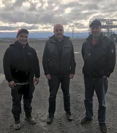 CAQ candidate Denis Lamothe, centre, is pictured with Hydro-Québec employees Nicholas Cookie and Alex Stewart during his campaign stop in Kuujjuaq on Sept. 13. (PHOTO COURTESY OF D. LAMOTHE)