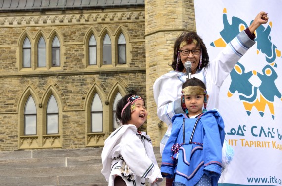 Ina Zakal of the Ottawa Inuit Children’s Centre celebrates life with two young throat singers on Parliament Hill on Monday, Sept. 10, to promote suicide prevention among Inuit. The event was organized by Inuit Tapiriit Kanatami, the OICC, Nunavut Sivuniksavut and other partners. It coincides with a conference on suicide prevention that started today in Baker Lake. (PHOTO BY JIM BELL)