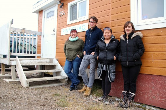 Staff of Nunavut’s tech startup, Pinnguaq, pose by the group’s new Iqaluit makerspace. From left: Gail Hodder, Ryan Oliver, Talia Metuq and Maria Coates. (PHOTO BY BETH BROWN)