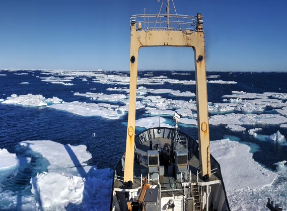 IT Telecomms' survey vessel the Polar Prince navigates its way through unusually late sea ice in the Hudson Strait, as it maps the sea bed along Nunavik's coast. (PHOTO COURTESY OF IT TELECOM)
