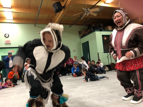 Cambridge Bay's Inuinnait drummers and dancers perform last Thursday evening during the Kitikmeot Inuit Association annual general meeting in Cambridge Bay. To see videos from the feast, including dancing and throat singing, go to our Facebook page. (PHOTO BY JANE GEORGE)