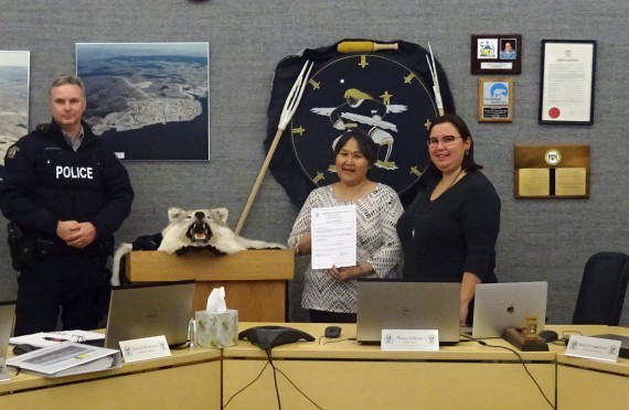 Susie Kemukton and Cambridge Bay Mayor Pamela Gross are all smiles after Kemukton’s swearing-in ceremony as councillor on Thursday, Oct. 11, at the hamlet council. Also sworn in was Nellie Hogaluk. These two residents fill vacant seats on council where they will serve on the healthy living committee, as well as the community economic development committee. (PHOTO BY JANE GEORGE)