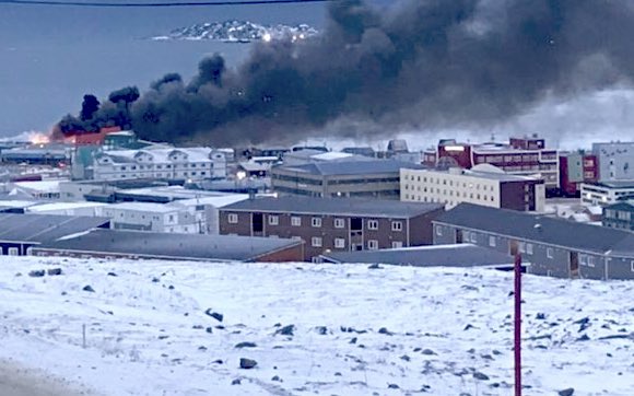 The fire at Iqaluit’s Northmart, as seen early in the morning of Nov. 8. Health inspectors continue to scrutinize the impact of the blaze on parts of the store. (FILE PHOTO)