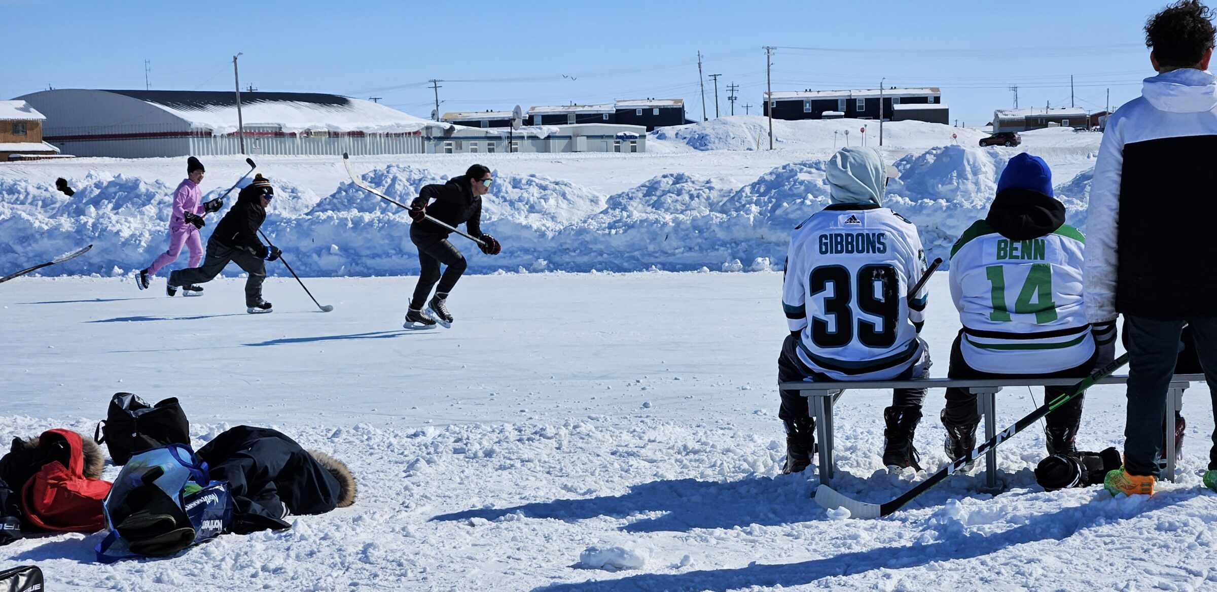 After the Easter Bunny hopped out of Rankin Inlet on Monday morning, kids jumped on the ice for some “speedy pond hockey fun,” resident Jim MacDonald said. He credits fellow residents Gavin Gee and Jocelyn Merritt for organizing the hockey games. (Photo courtesy of Jim MacDonald) 