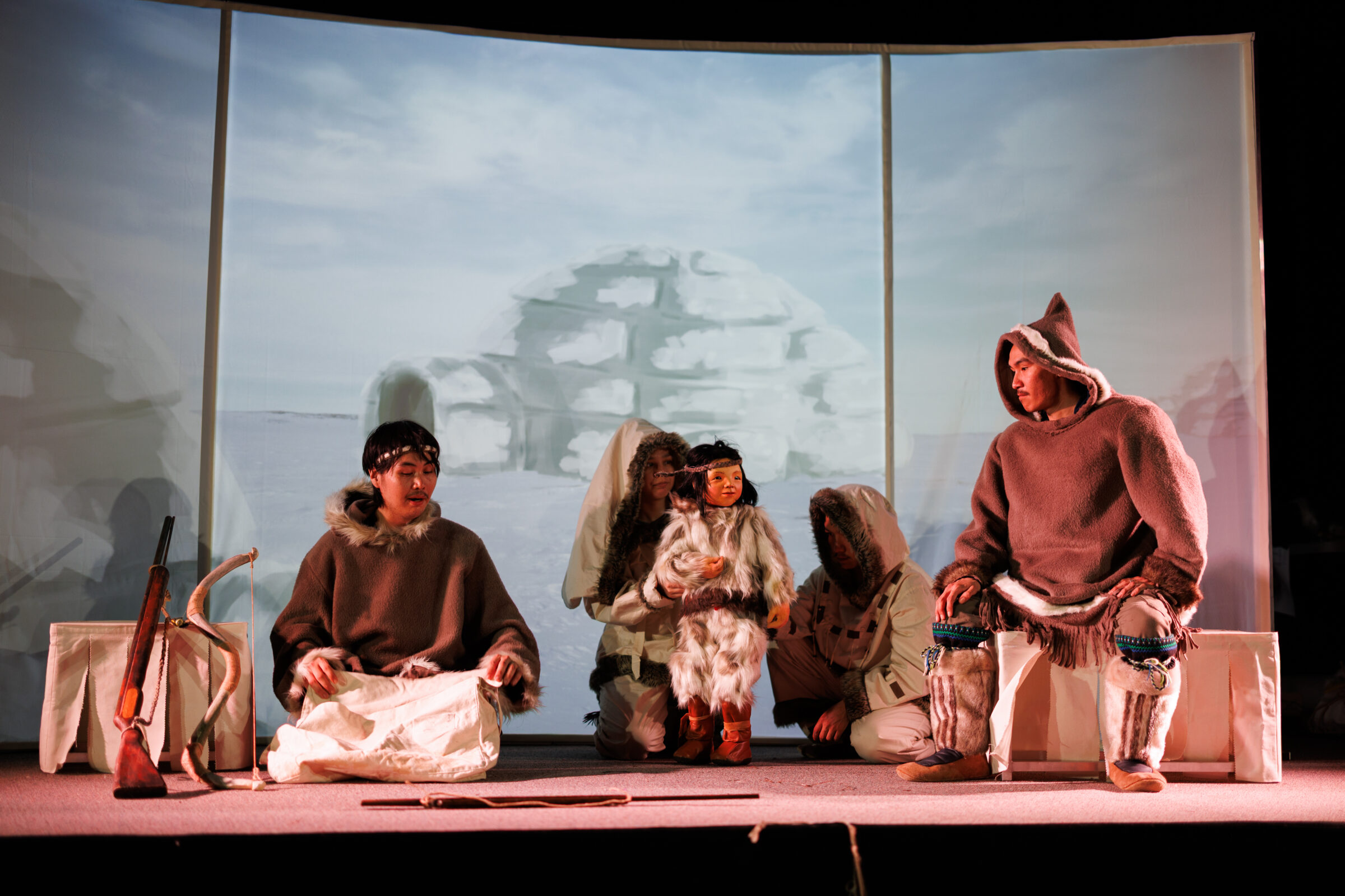 From left: Daniel Kudluk Gadbois, Minnie Ningiuruvik, Lucasi Iyaituk and Tommy Putulik perform in “Aukkauti.” The play opened its Nunavik tour Saturday in Kuujjuaq. Next week the show is scheduled to stop in Quaqtaq, followed by Kangirsuk the following week and Tasiujaq later in June. The plan is to tour the play across Nunavik, with remaining communities hosting performances between this fall and next year. (Photo courtesy of Samuel Lagacé)
